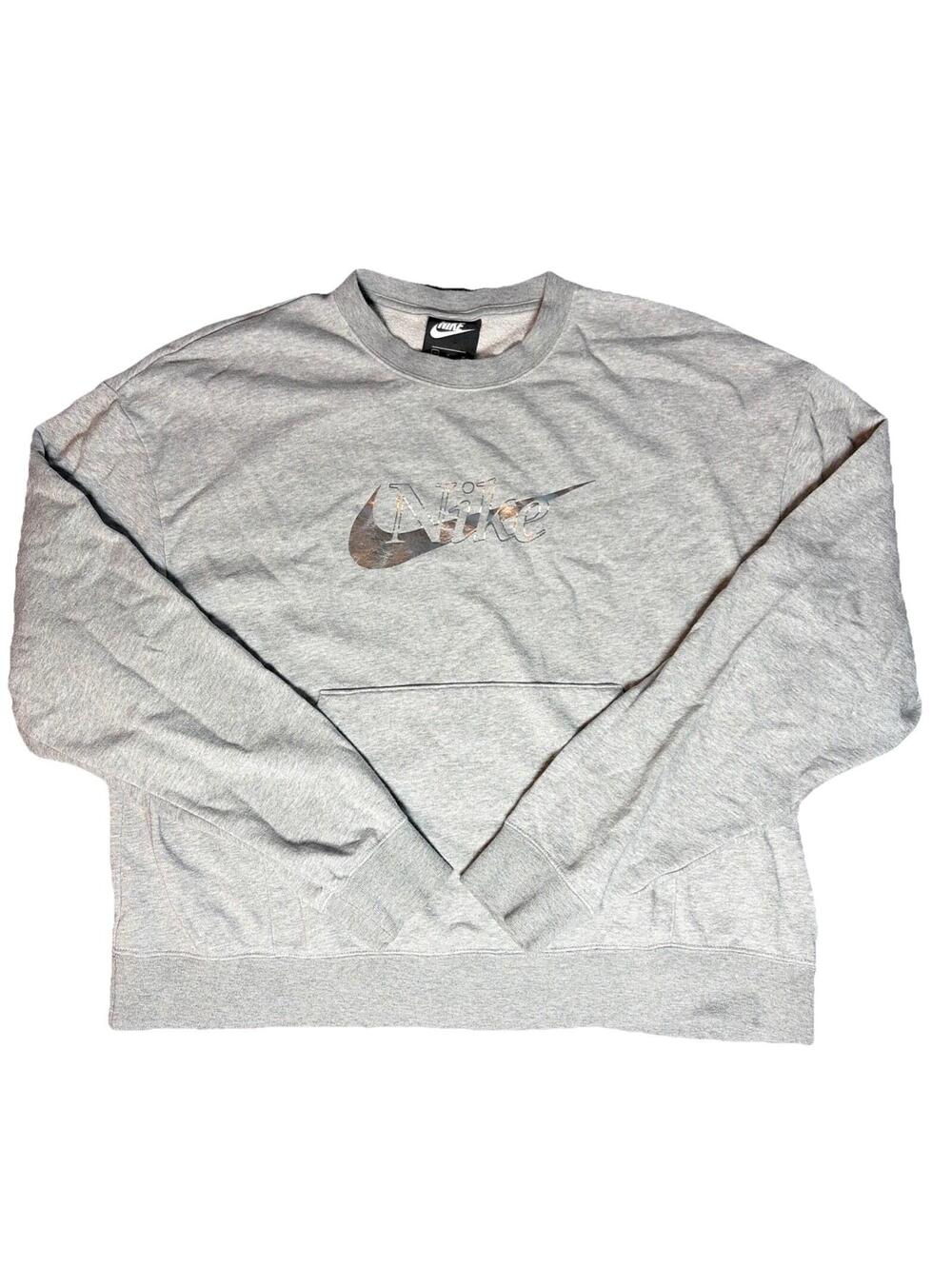 Nike Womens Crewneck Sweatshirt Grey Silver Logo Pullover Pockets Vintage Medium